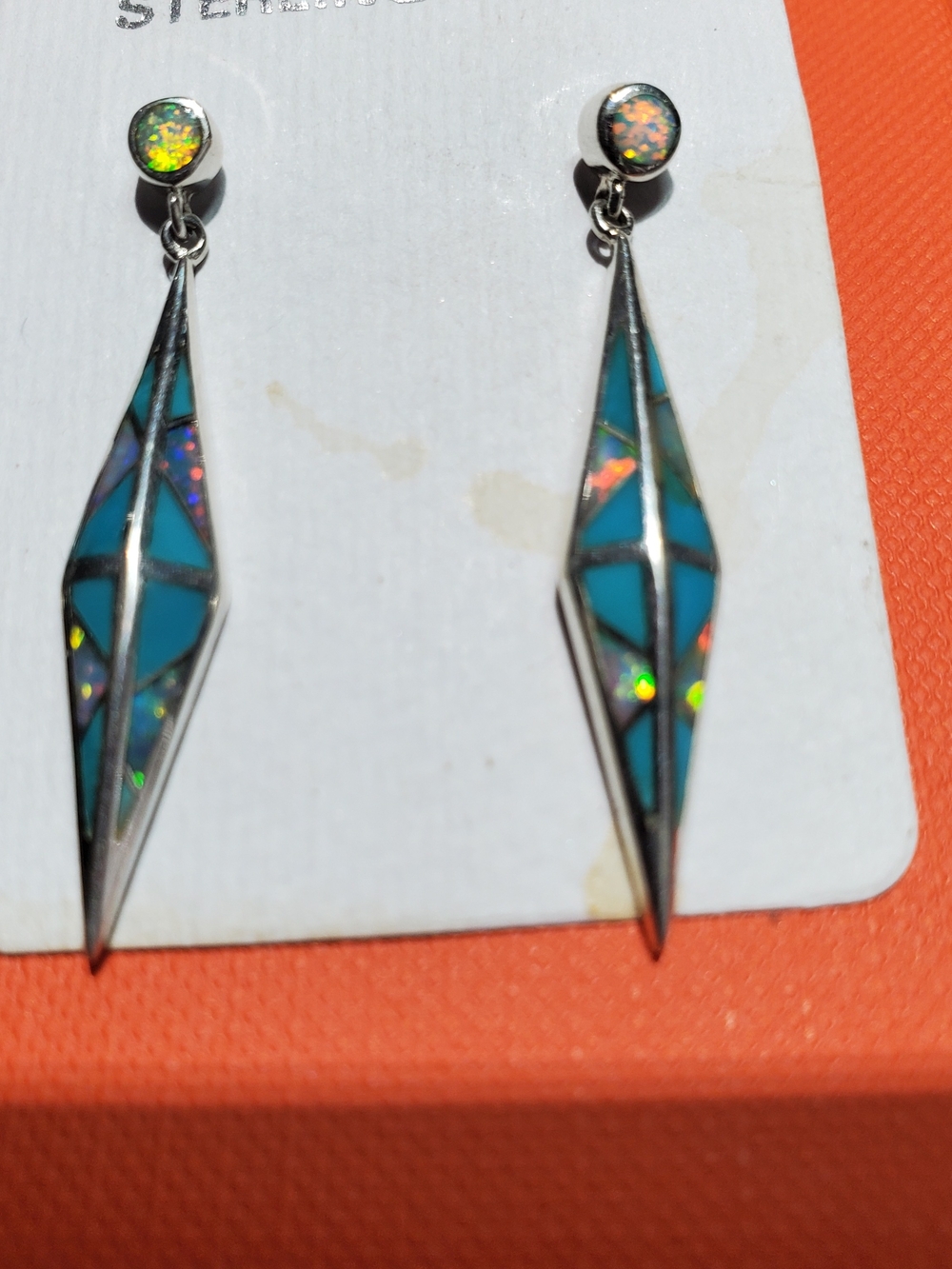 Native Alvin Vandever Sterling Silver Turquoise Fire Opal Inlay Dangle Earrings